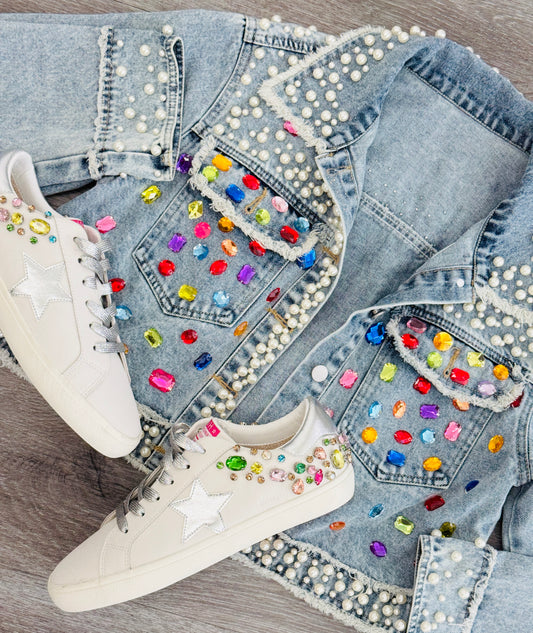 Denim Multi Crystal Pearl Jacket (One Size)