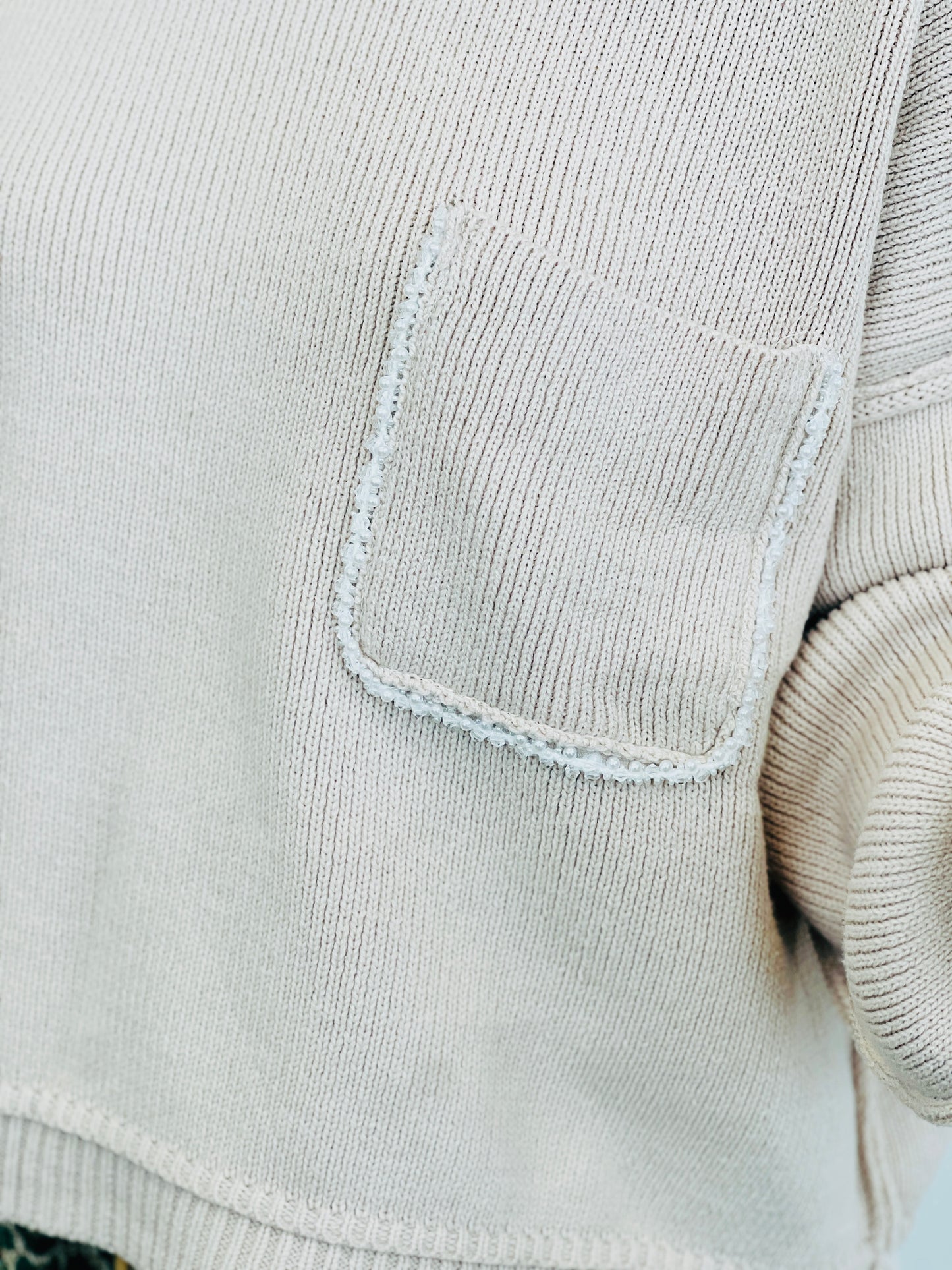 Oatmeal Pearl Detail Pocket Pullover Sweater (Reg. and Plus)