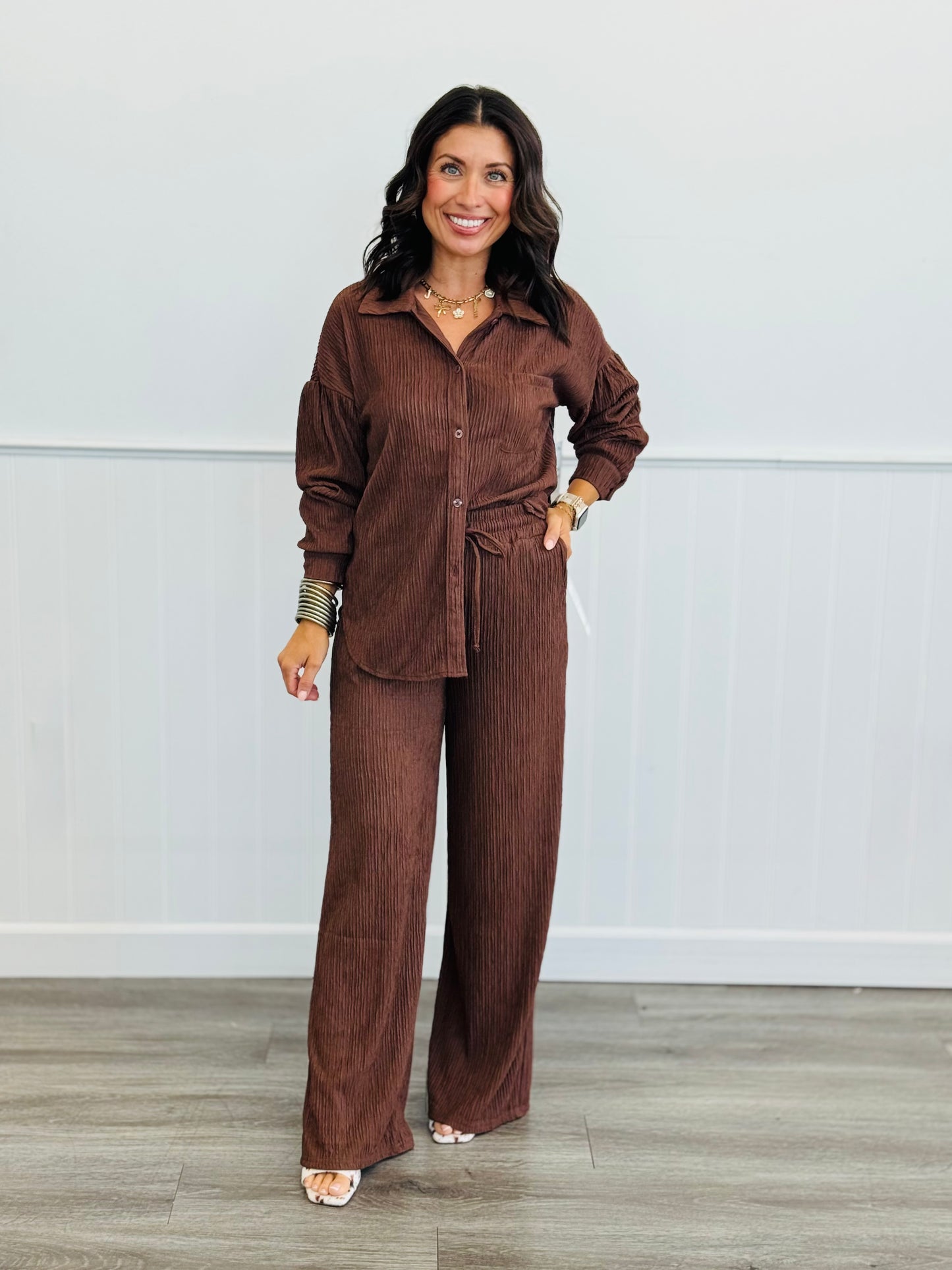 Crinkled Plisse Shirt & Pants Set (Reg.)-3 Colors