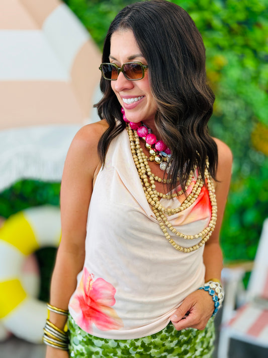 Cream Tropical Flower Print Mesh Halter Top (Reg.)