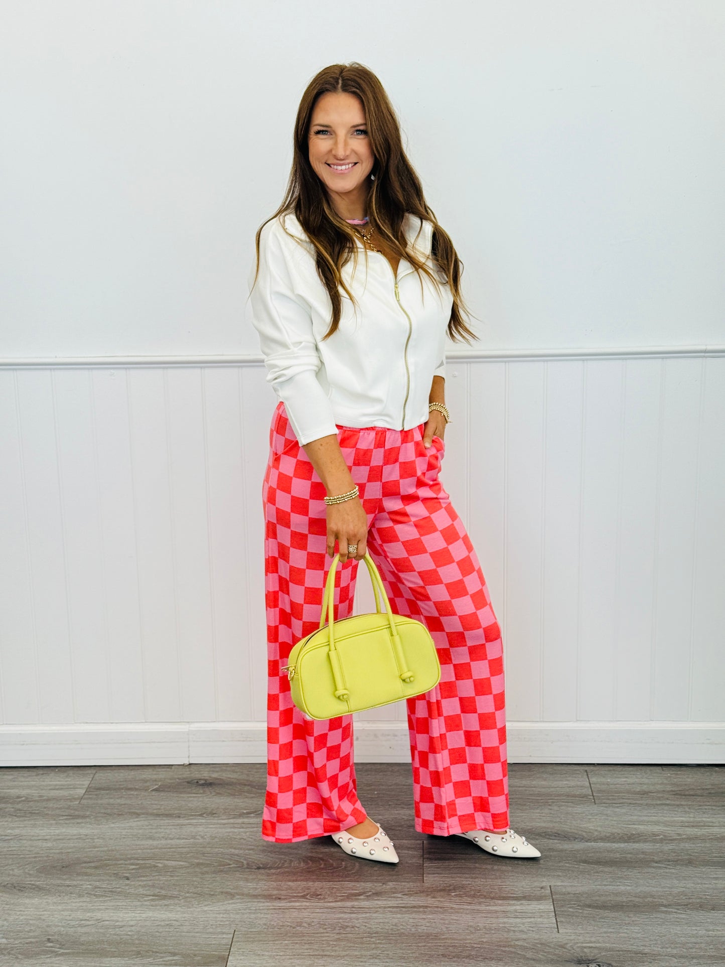 Red/Pink Checkered Knit Pants (Reg & Plus)