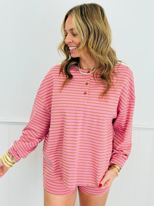 Pink/Brown Stripe Knit Boxy LS Top (Reg.)