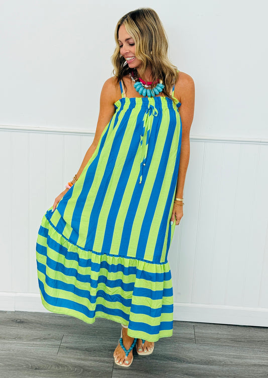 Lime Blue Striped Sleeveless Midi Dress (Reg.)