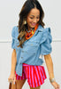Risen Medium Denim Ruffled Puff Sleeve Shirt (Reg.)