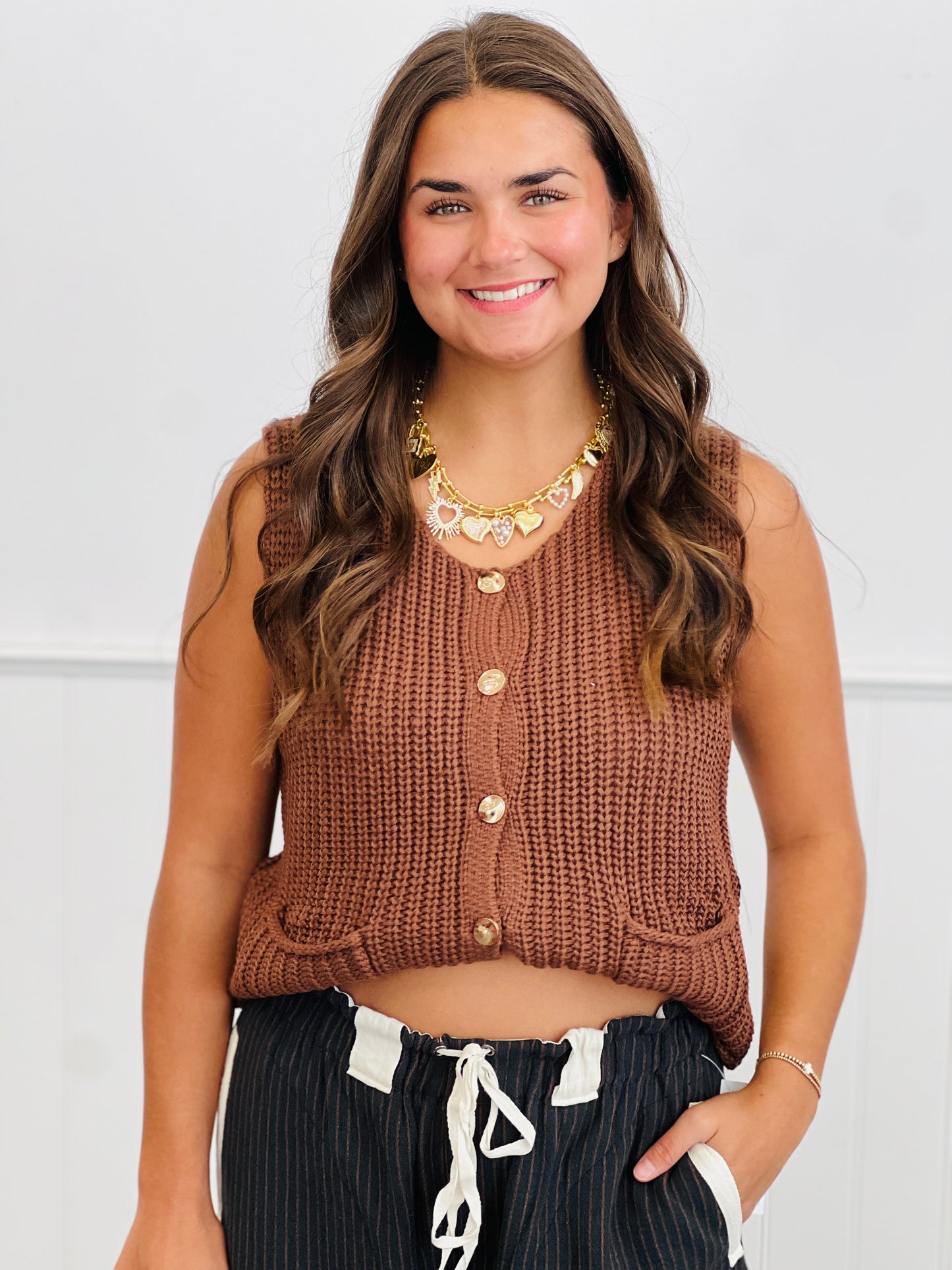 Chunky Button Down Sweater Vest Top (Reg.)-2 Colors
