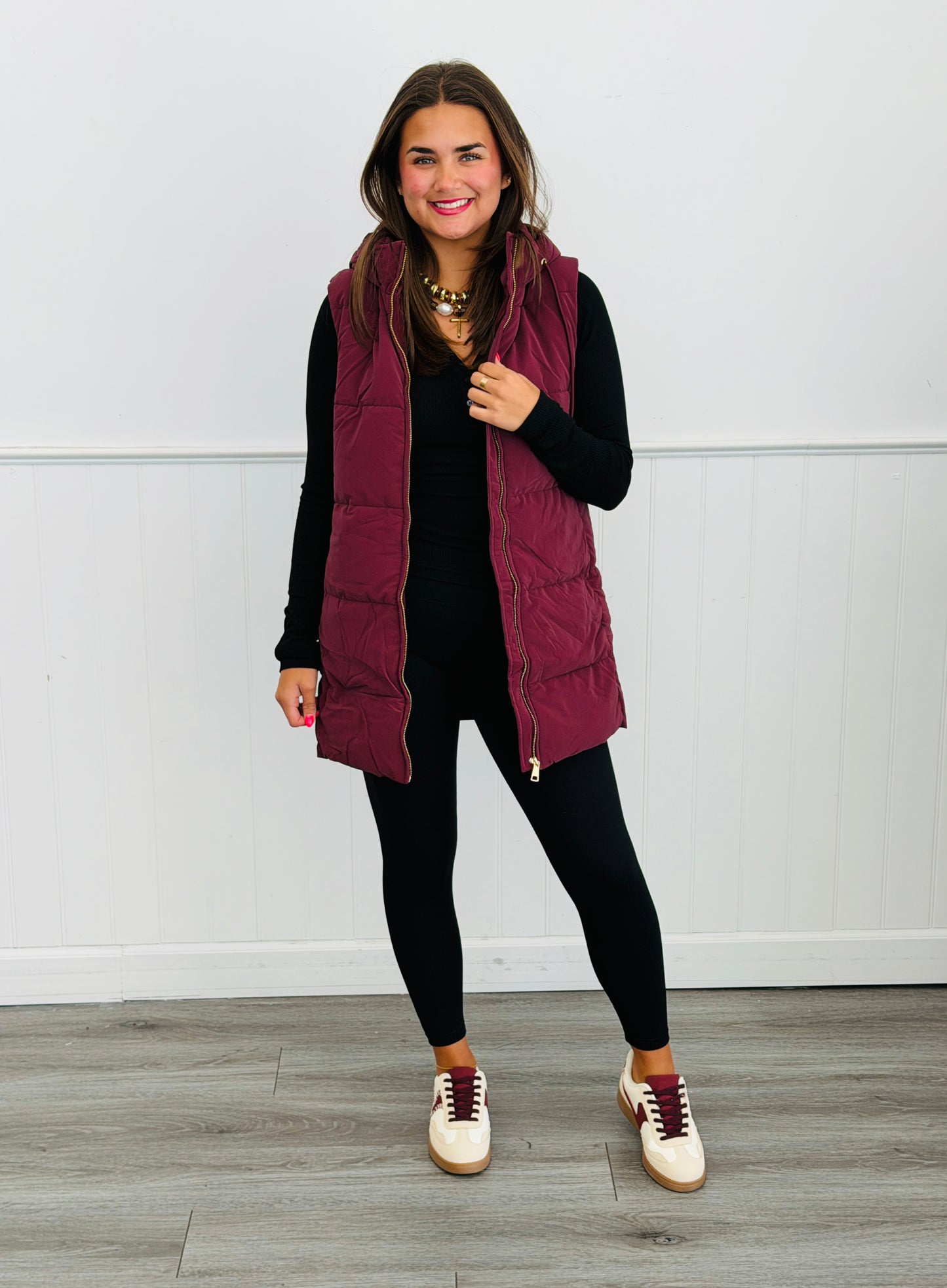 Wine Long Hooded Puffer Vest (Reg.)