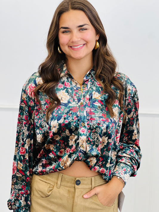 Green/Red Floral Print Satin Blouse (Reg. and Plus)