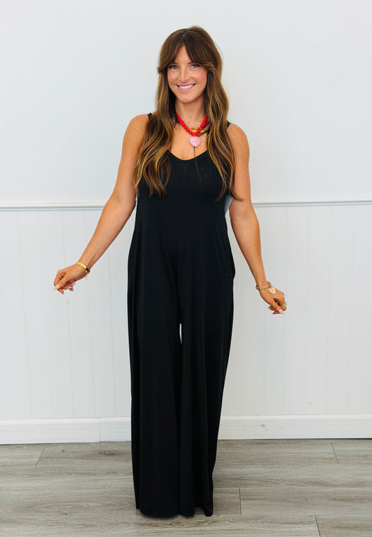Black Solid Strappy Jumpsuit (Reg & Plus)