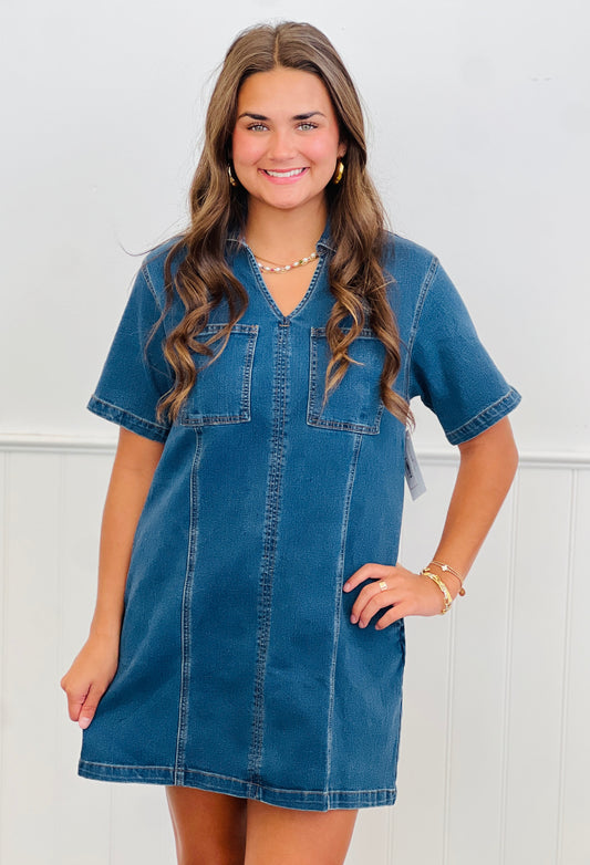 Stretch Denim Pocket Mini Dress (Reg & Plus)