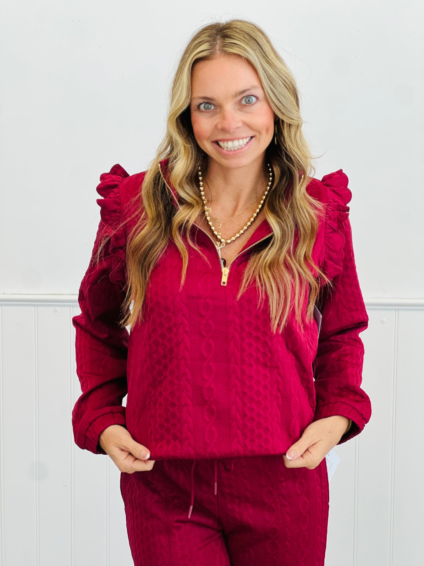 Burgundy Ruffle Trim Detail Cable Knit Top (Reg. and Plus)