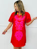 Red Contrast V-Neck Balloon Sleeve Mini Dress (Reg.)