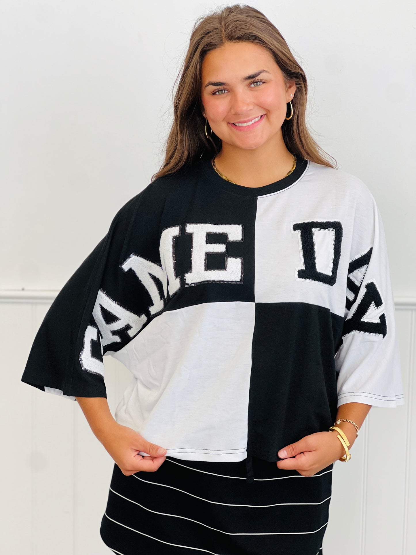 Black/White Game Day Color Block Top (Reg. and Plus)