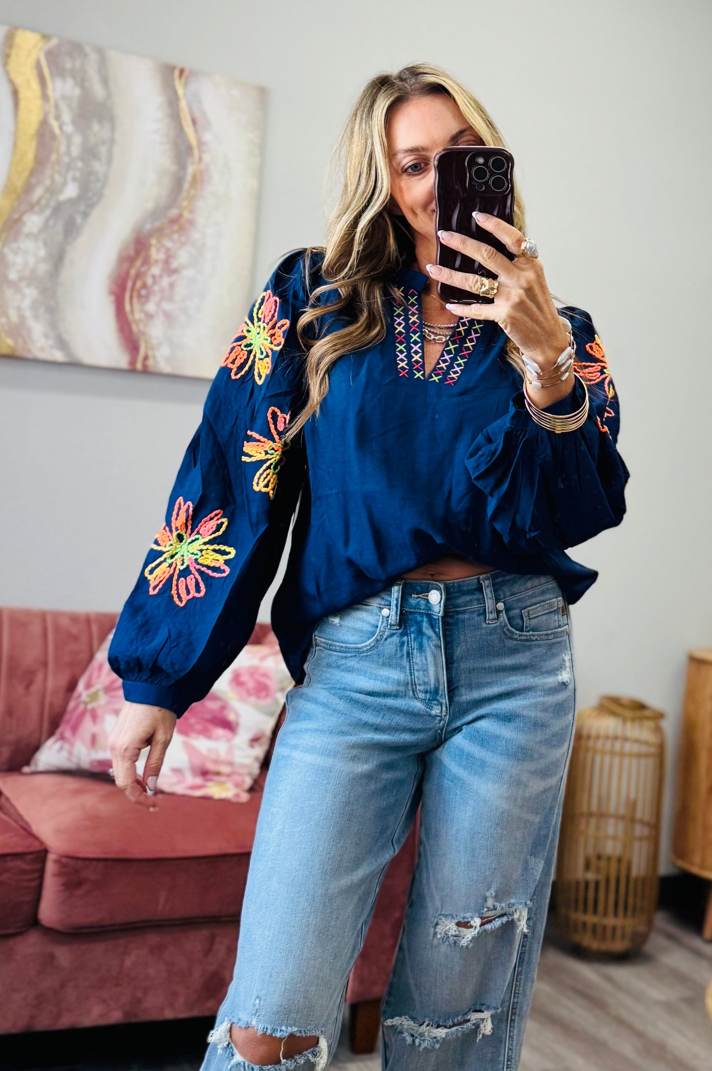 Navy Floral Embroidery Blouse (Reg. and Plus)