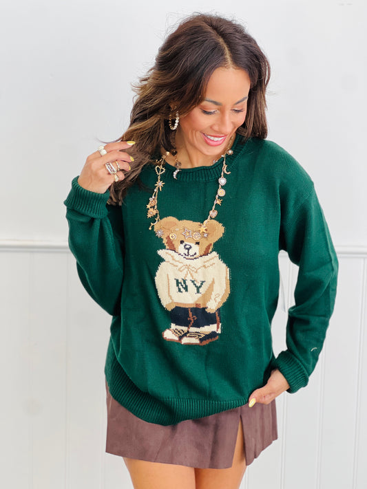 Green Hoodie Bear Graphic Sweater Top (Reg.)