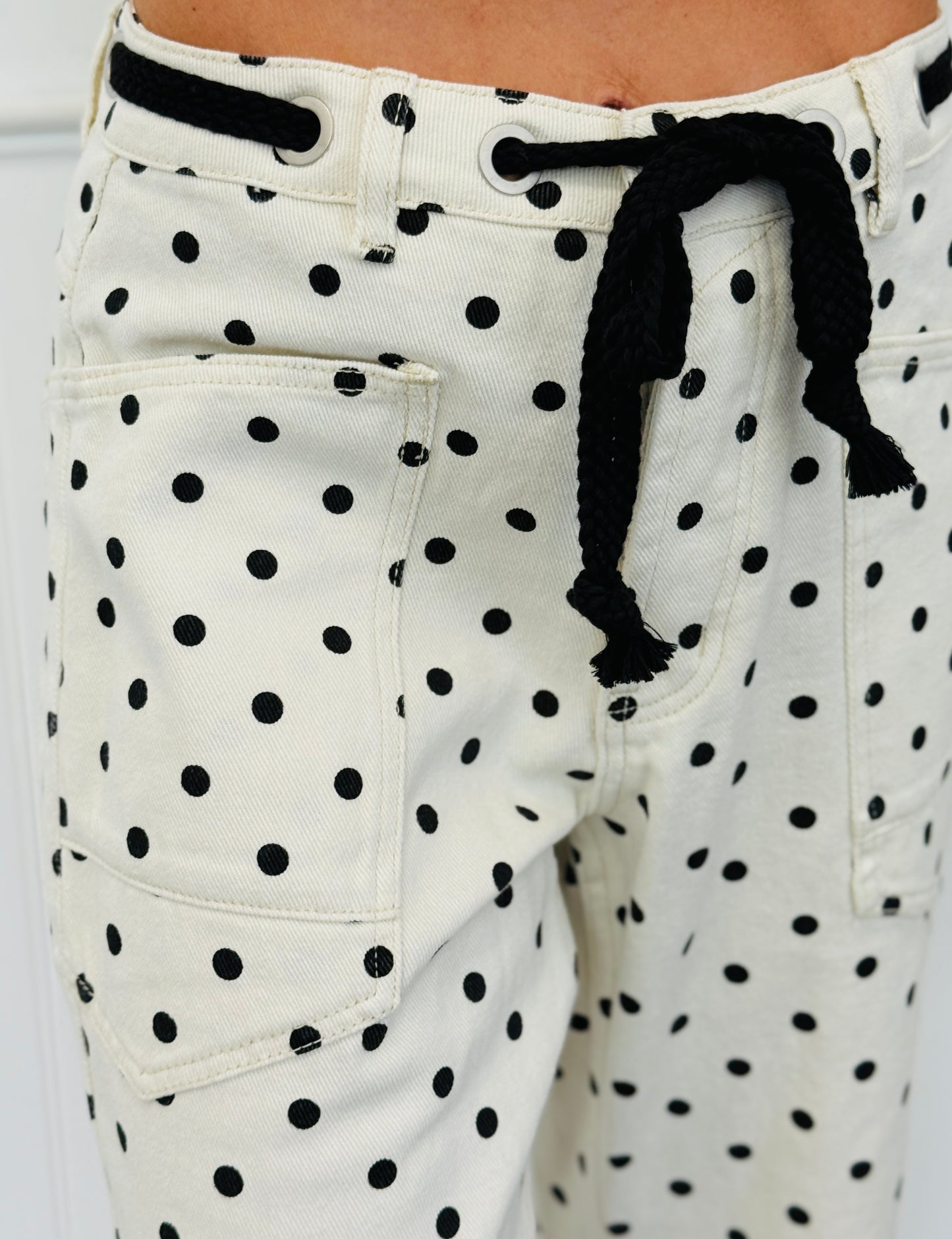 Cream Denim Polka Dot Barrel Pants (Reg.)