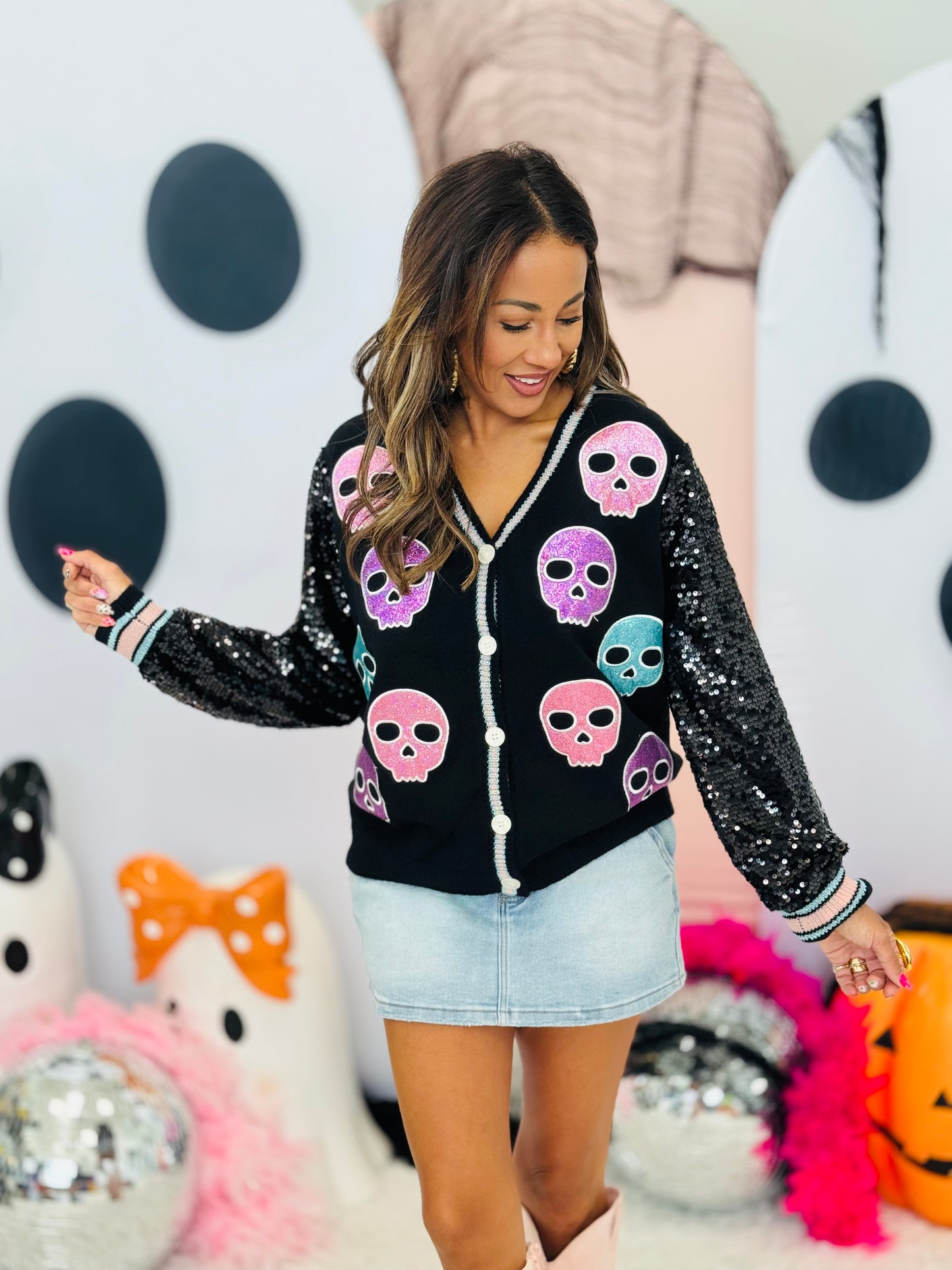 Black Glitter Skulls Sequin Sleeves Cardigan (Reg. and Plus)