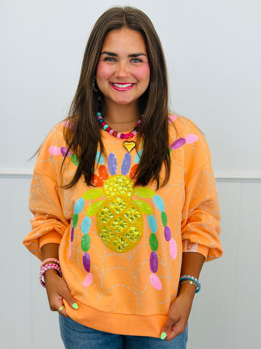 Queen Of Sparkles Light Orange Oversized Spider On Web Sweatshirt (Reg. and Plus)