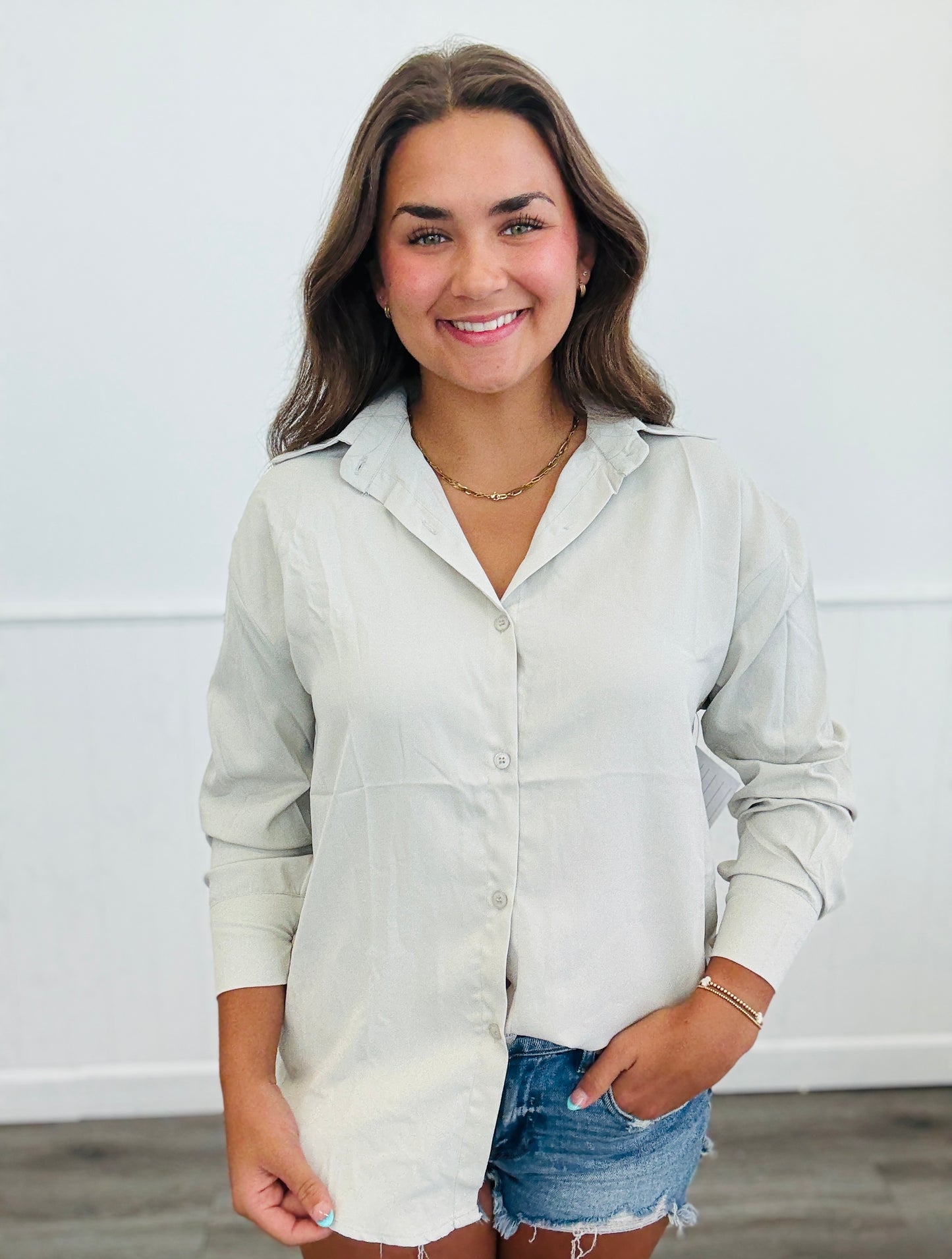 Grey Kathryn Classic Button Down Up (Reg. & Plus)