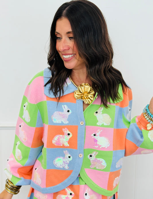 Queen Of Sparkles Pastel Colorblock Easter Bunny Cardigan (Reg. & Plus)