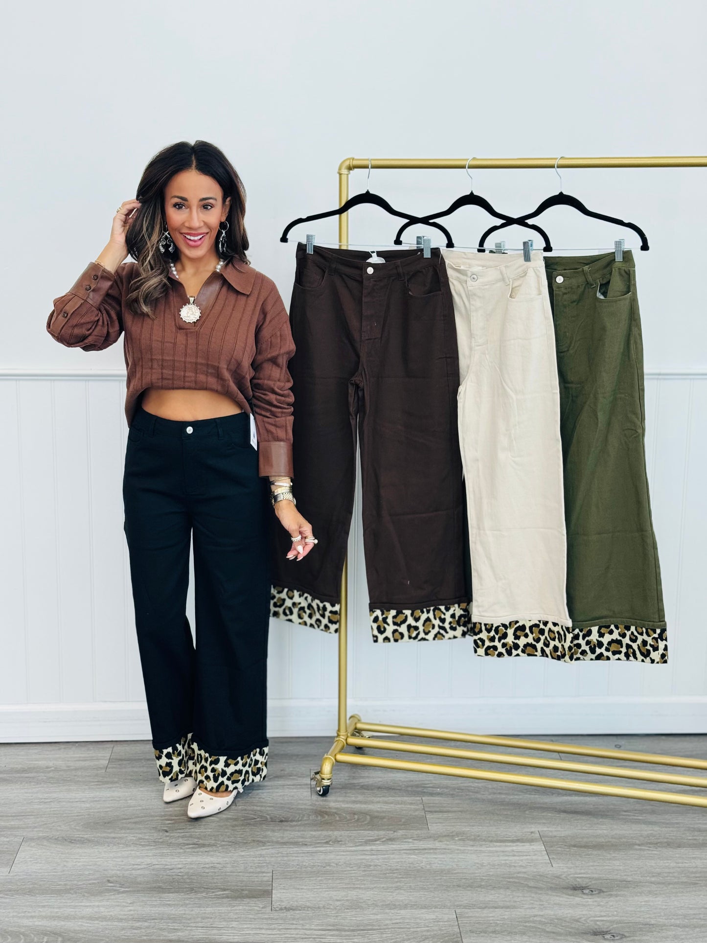 Contrast Leopard Cuffs Pants (Reg.)- 4 Colors