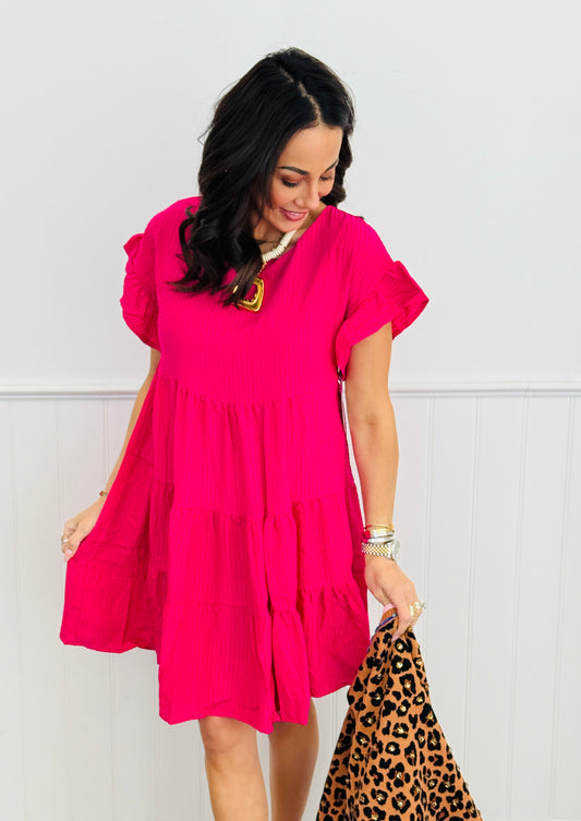 Fuchsia Ruffle Sleeve Tiered Mini Dress (Reg.)