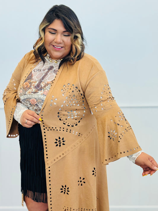 Camel Faux Suede Open Front Cardigan (Reg. and Plus)