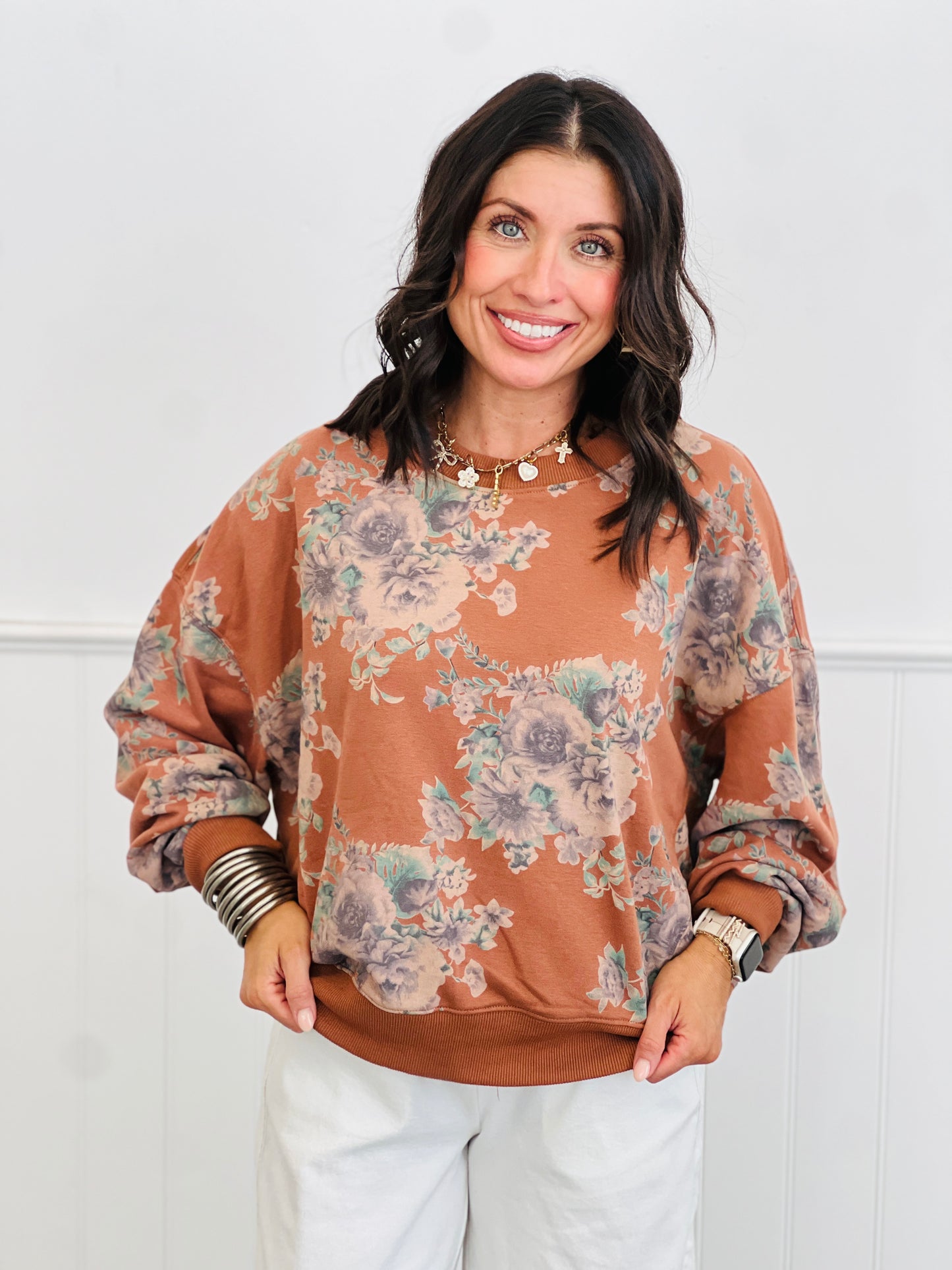 Rust Floral Print Sweatshirt (Reg.)
