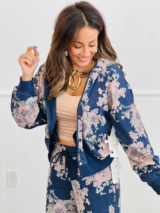 Navy Floral Print Hoodie Jacket (Reg.)