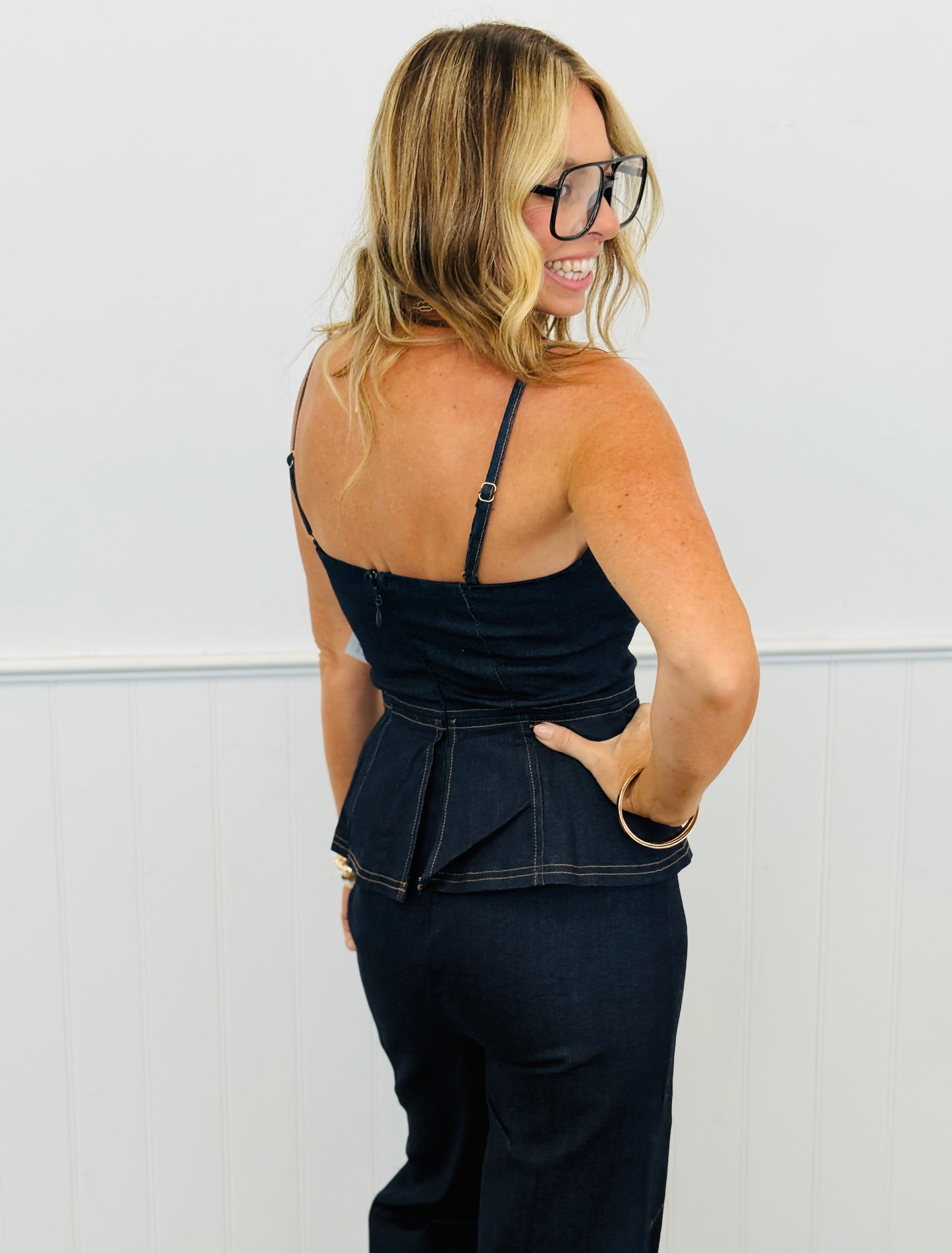 Dark Denim Strappy Peplum Jumpsuit (Reg.)