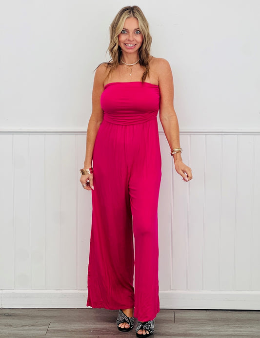 Fuchsia Ruched Tube Jumpsuit (Reg. and Plus)