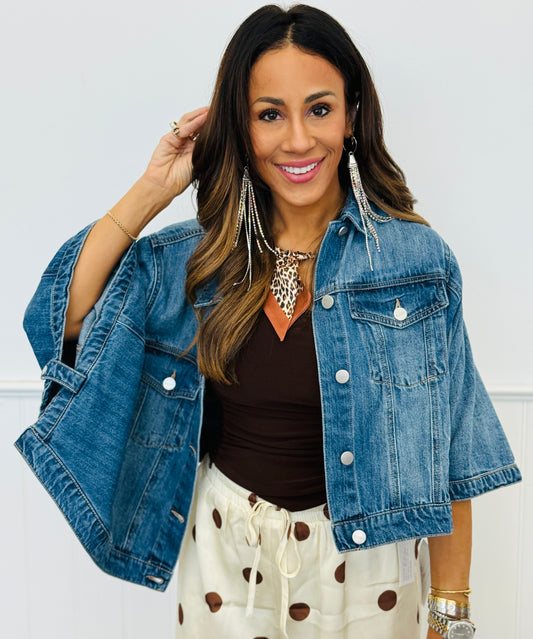 Risen Medium Denim Flowy Cape Jacket (Reg & Plus)