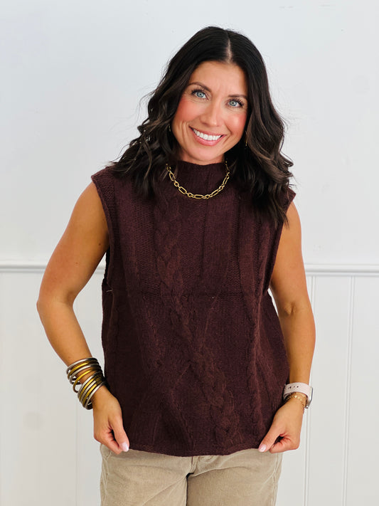 Brown Cable Detail Sleeveless Sweater Top (Reg.)