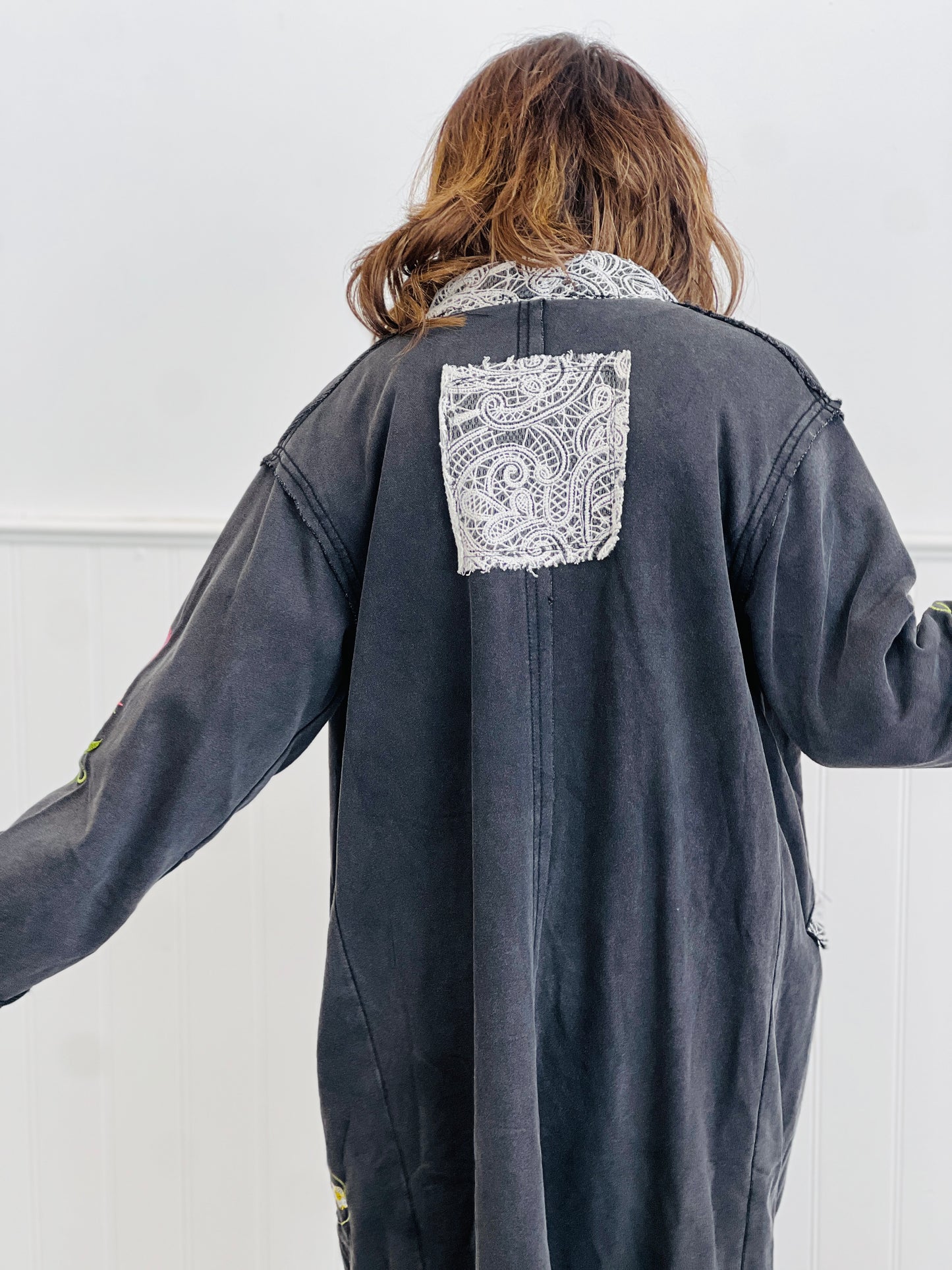 POL Black Embroidered Crochet Longline Shacket (Reg.)