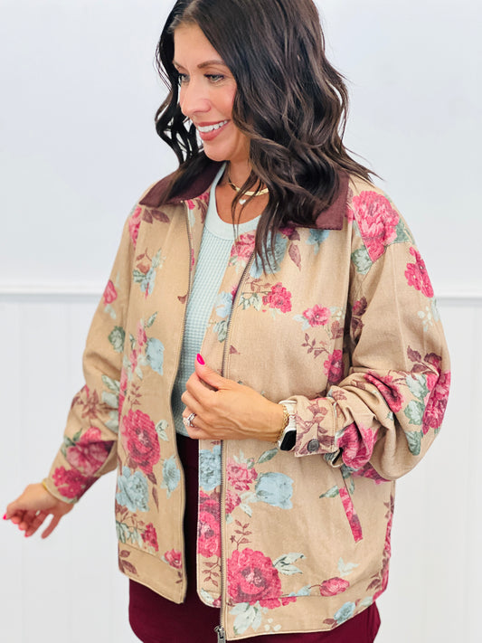 Tan Multi Contrast Floral Zip Up Jacket (Reg.)