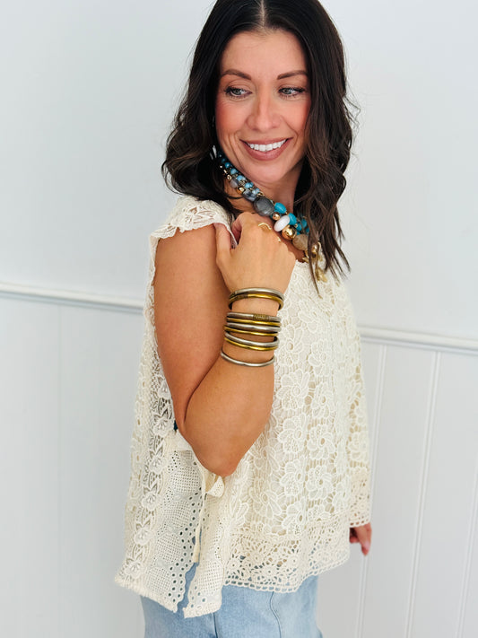 Cream Crochet Sleeveless Top (Reg. and Plus)