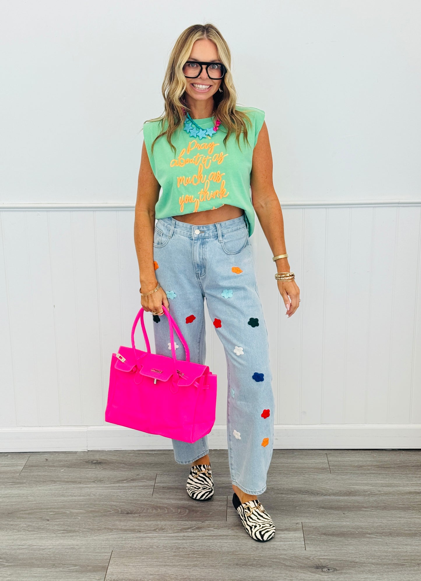 Floral Patch Light Wash Wide Leg Pants (Reg and Plus)