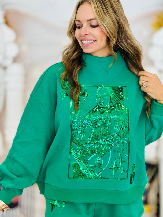 Queen Of Sparkles Green Card Logo Mock Neck Sweatshirt (Reg. and Plus)