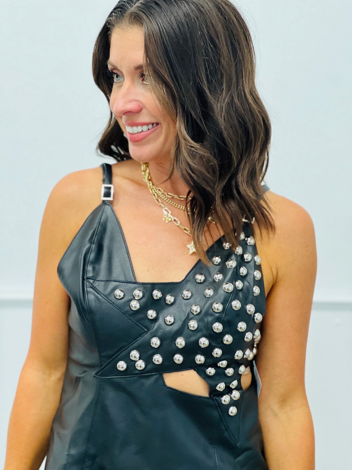 Black Faux Leather Star Studded Mini Dress (Reg.)