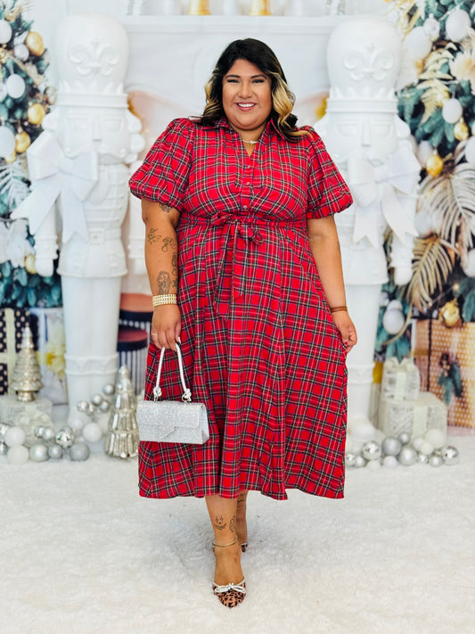 Red Plaid Puff Sleeve Midi Dress (Reg & Plus)