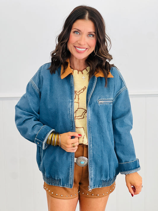 Denim Contrast Corduroy Collar Zip Up Jacket (Reg.)