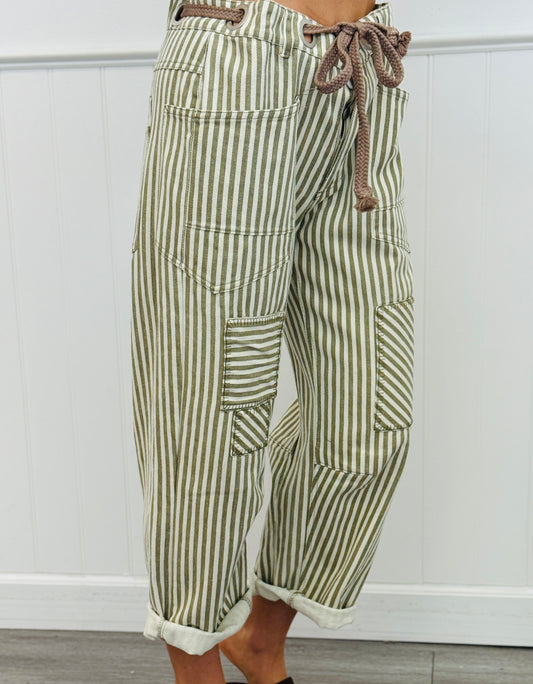 Olive Striped Twill Barrel Pants (Reg.)