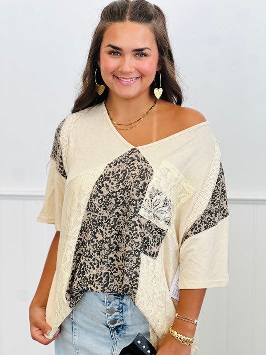 Beige Floral Patchwork & Lace Top (Reg & Plus)