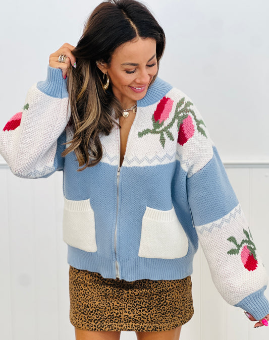Light Blue Floral Zip Up Sweater Jacket (Reg.)