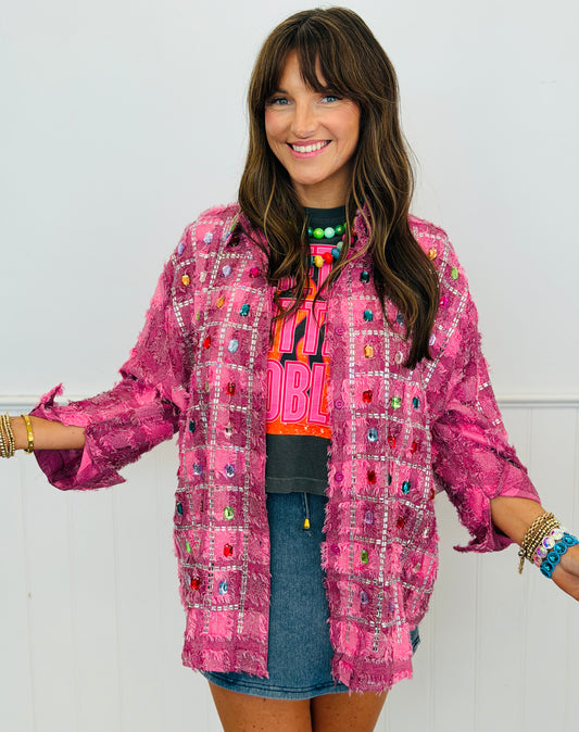 Pink Plaid Multi Crystal Shacket (One Size)