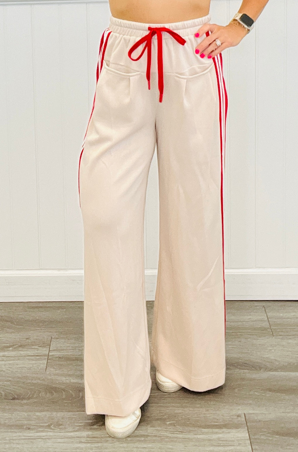Beige Side Stripe Drawstring Pants (Reg. and Plus)