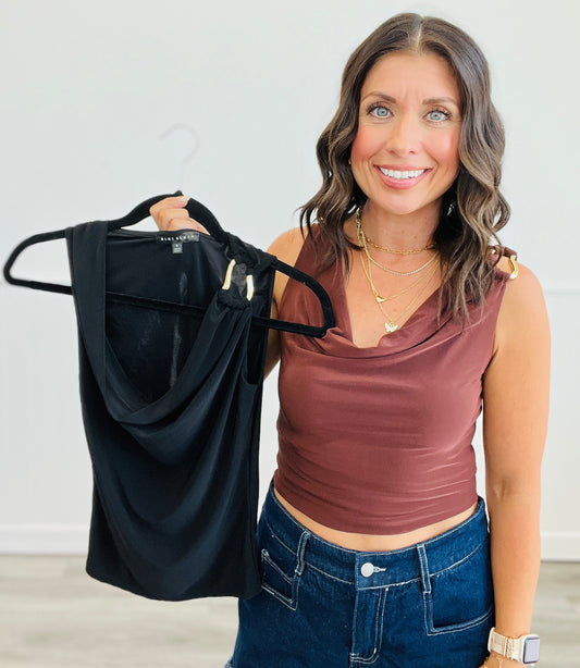 Gold Metal Trim Cowl Neck Top (Reg.)-2 Colors