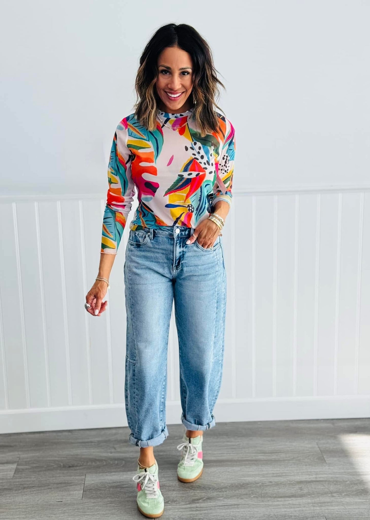 Tropical Print Mesh Top (Reg. and Plus)