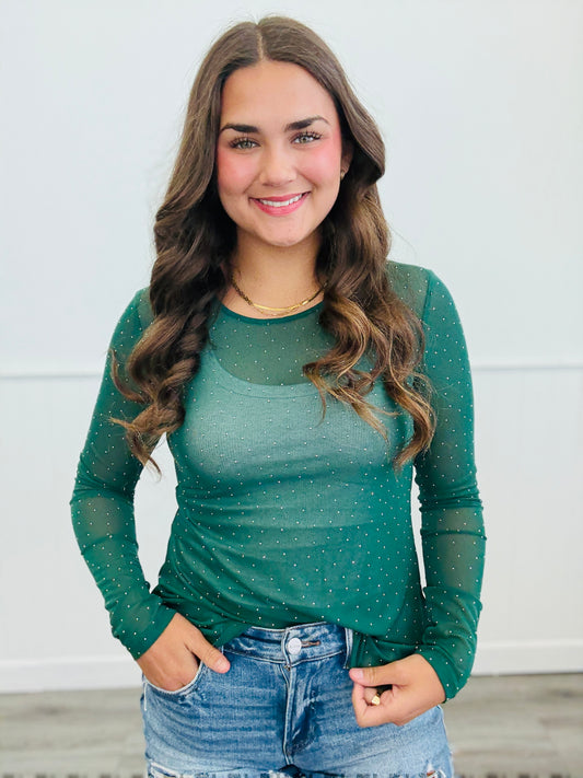 Green Rhinestone Mesh Top (Reg. and Plus)
