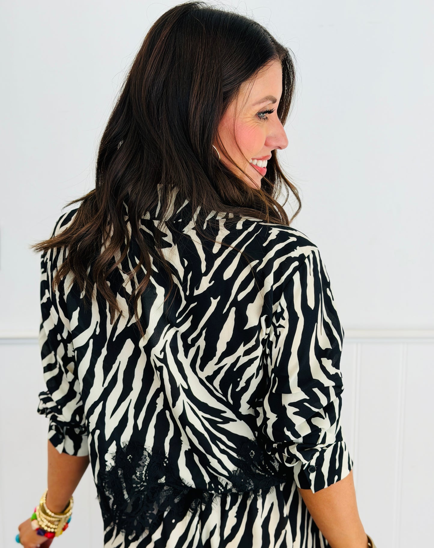 Black Zebra Print Lace Trim Blouse (Reg.)