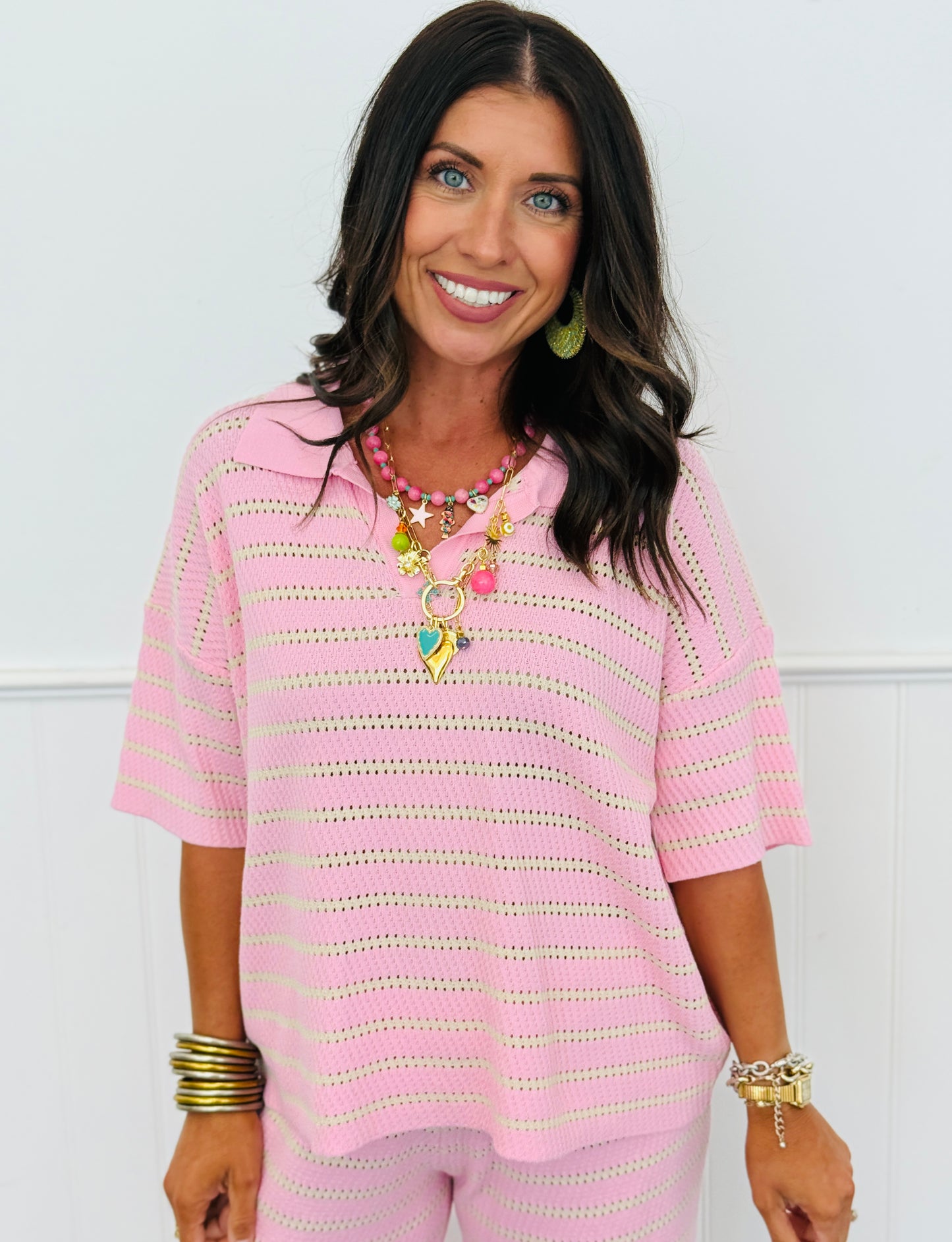 Pink Textured Stripe Top & Pant Set (Reg.)
